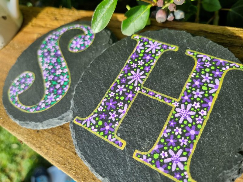 Hand Painted Letter Slate Coaster – Purple Flowers Design