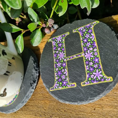 Hand Painted Letter Slate Coaster – Purple Flowers Design