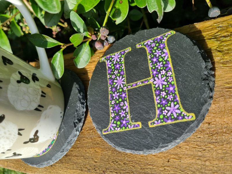 Hand Painted Letter Slate Coaster – Purple Flowers Design