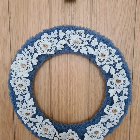 Cornflower blue yarn wrapped wreath