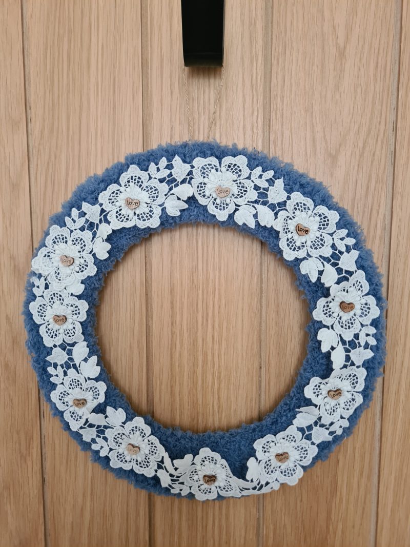 Cornflower blue yarn wrapped wreath