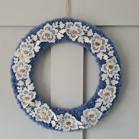 Cornflower blue yarn wrapped wreath