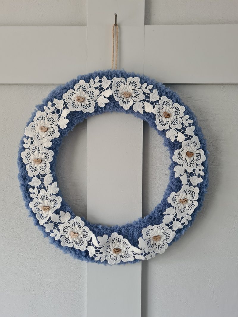Cornflower blue yarn wrapped wreath
