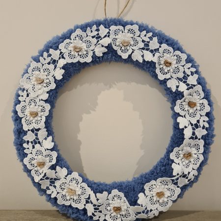 Cornflower blue yarn wrapped wreath