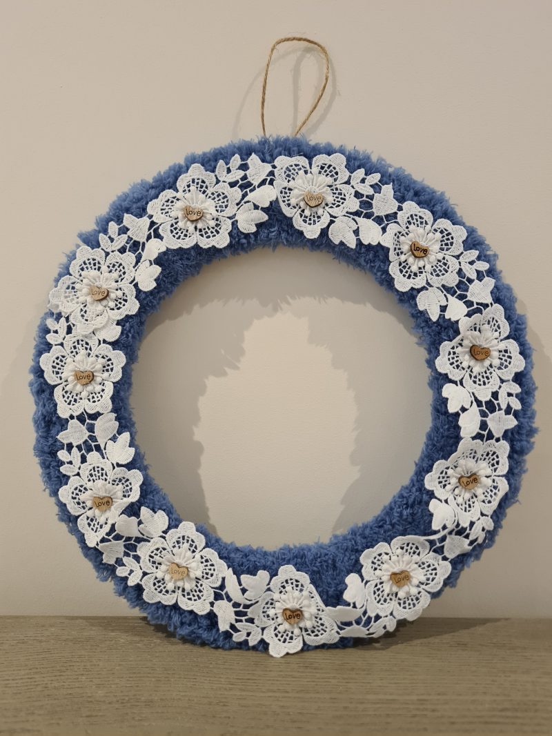 Cornflower blue yarn wrapped wreath