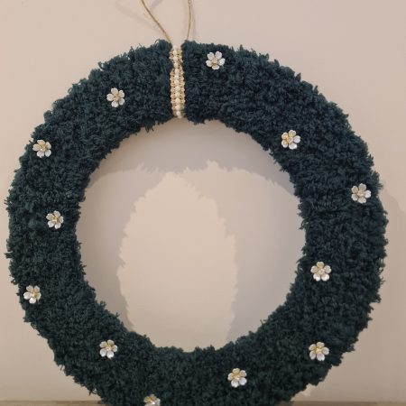 Dark green yarn wrapped wreath
