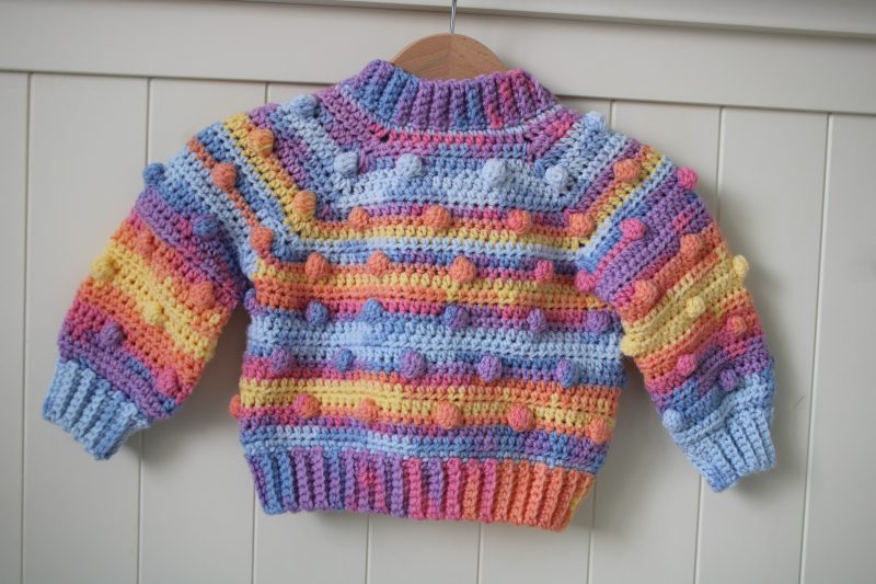 Back View of Crochet Cardigan showing rows of crochet bobbles.
