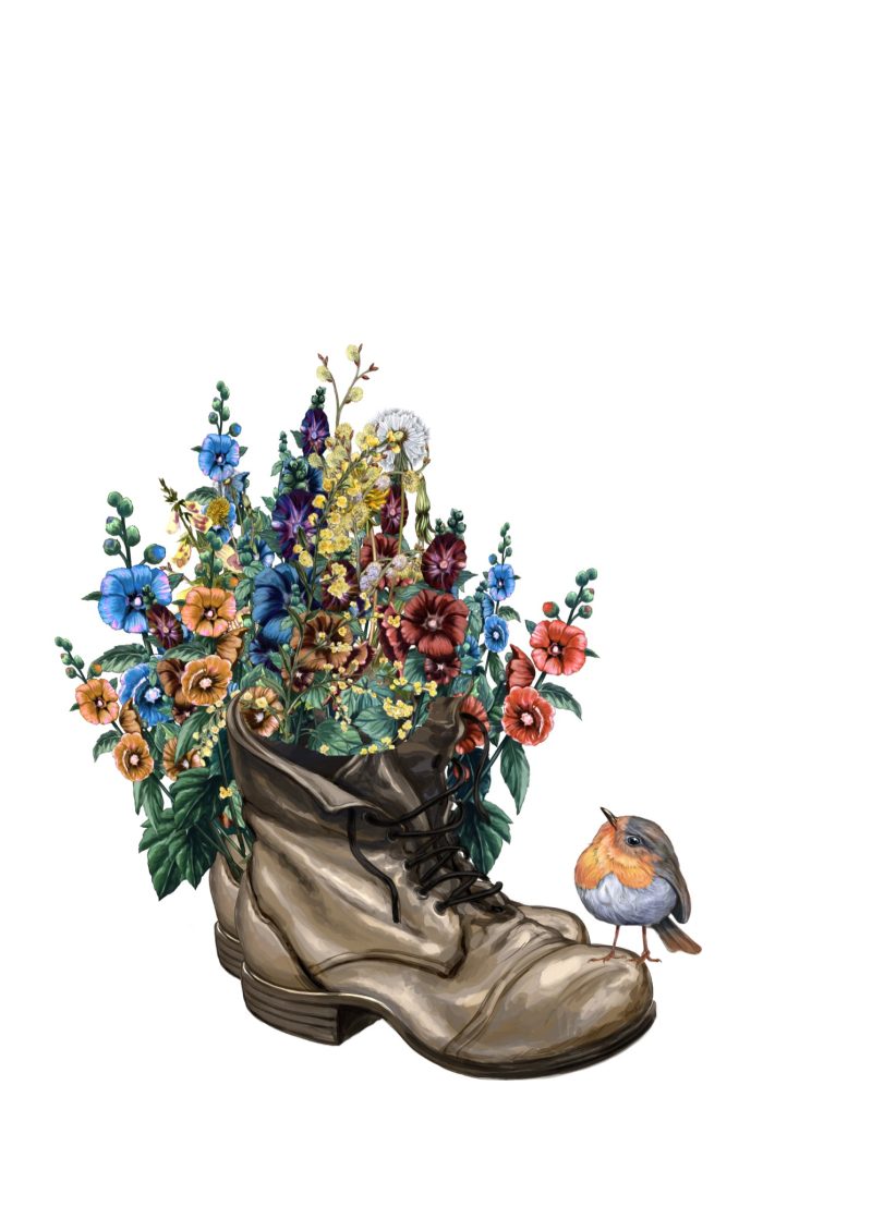 Boot of flowers 8 x 8 multi-coloured handmade birthday or any occasion greeting card