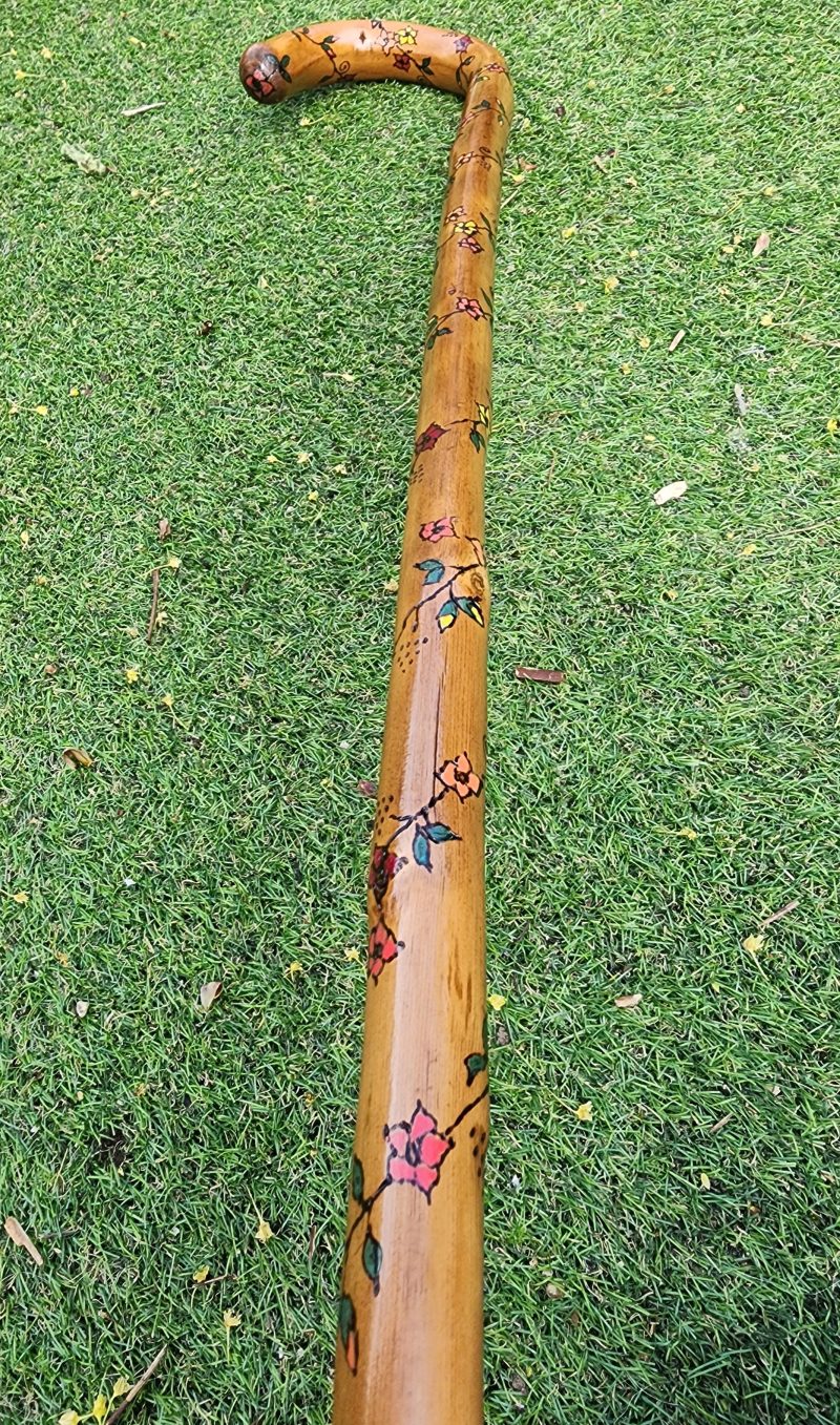 Floral Wooden Walking stick, cane, refurbished, hand painted 30.5in