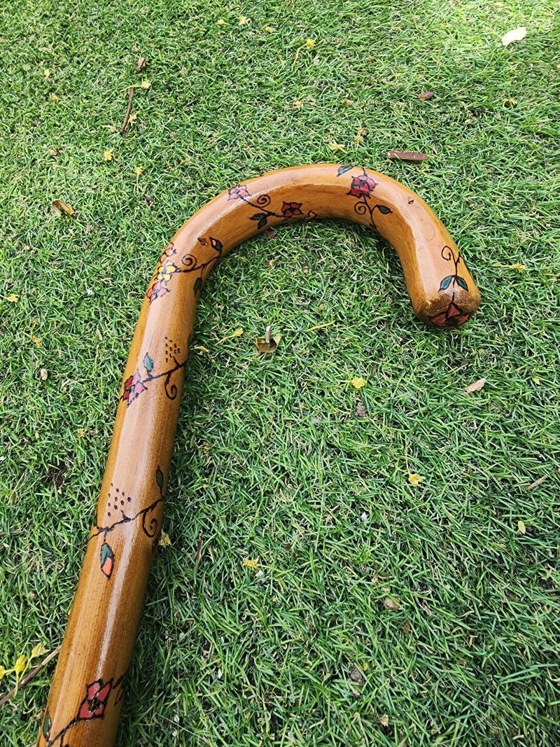 Floral Wooden Walking stick, cane, refurbished, hand painted 30.5in