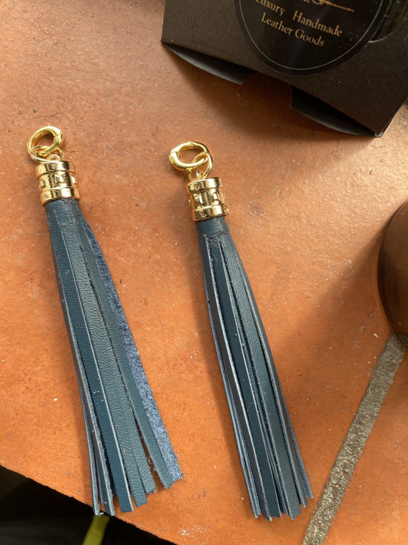 Boot charm/tassel blue italian leather with gold coloured topper