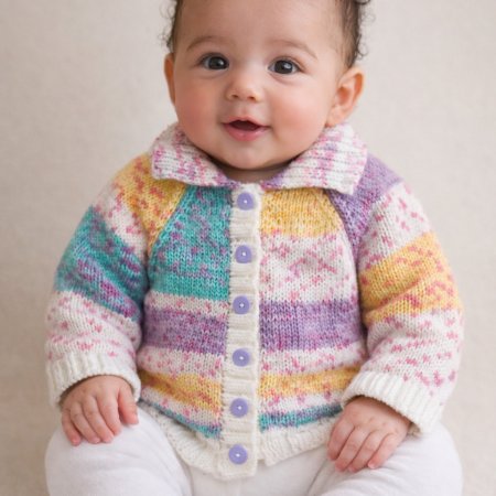 Cardigan hand knitted in soft self patterning yarn.