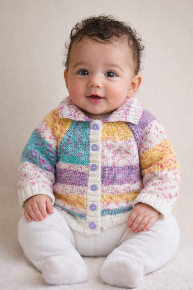 Cardigan hand knitted in soft self patterning yarn.