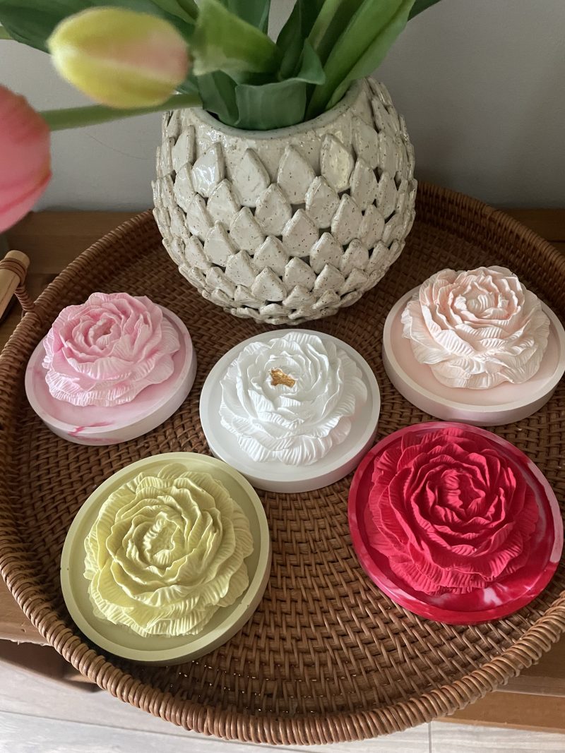 Scented peony eco-resin aroma stone passive diffuser on coaster