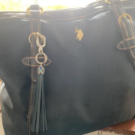 Bag Charm/ tassel italian leather with beautiful tibetan silver and enamel topper