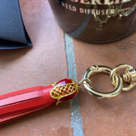 Bag charm/tassel ted italian leather and gold/ enamel topper