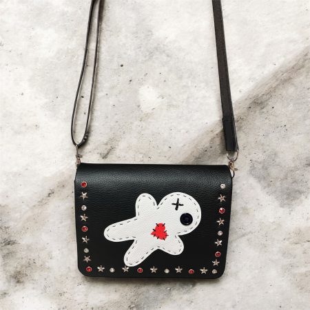 Handmade Voodoo Doll Style Crossbody PU Bag with Diamanté and Star Rivets
