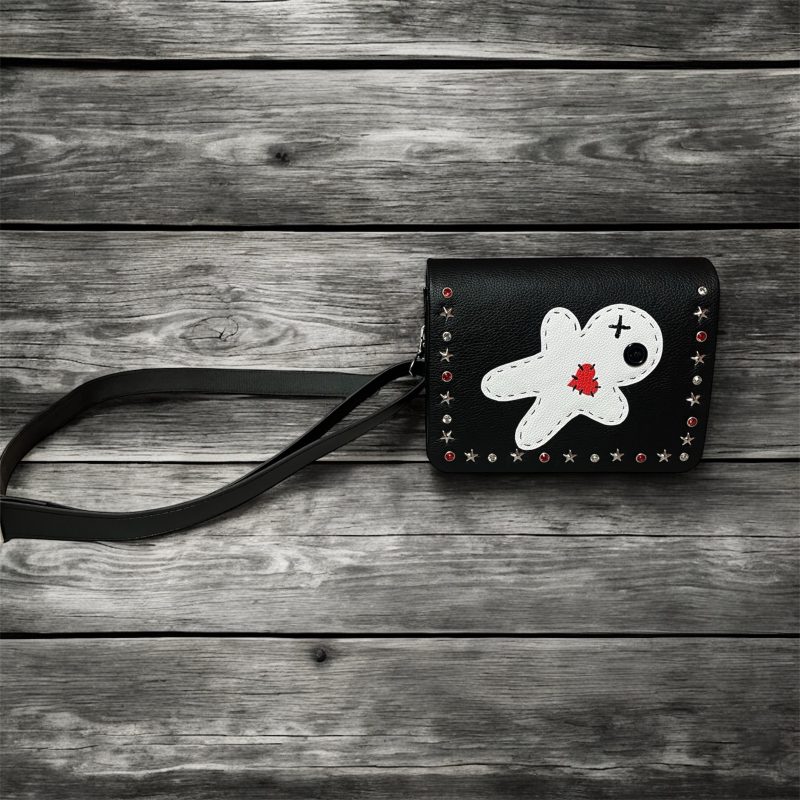 Handmade Voodoo Doll Style Crossbody PU Bag with Diamanté and Star Rivets