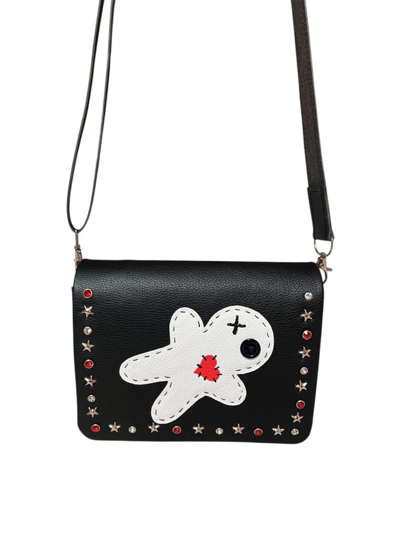 Handmade Voodoo Doll Style Crossbody PU Bag with Diamanté and Star Rivets