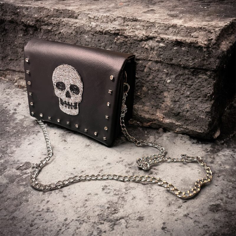 Diamanté Skull PU Shoulder Bag with Chain Strap, 18.5cm x 15cm