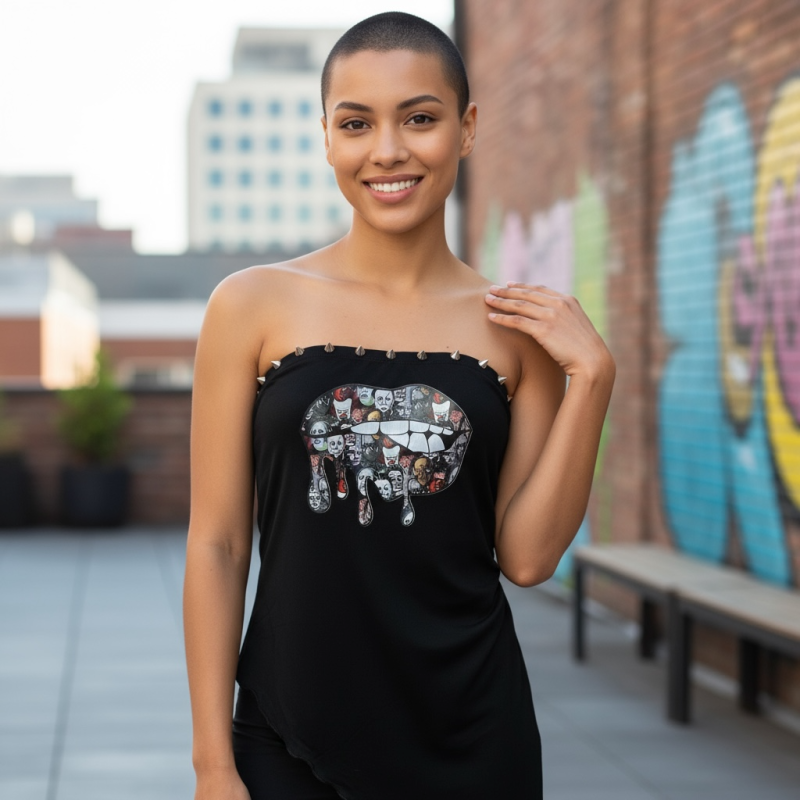 Handmade Gothic Horror Bandeau Top with Spike Studs, Size L UK 12-14