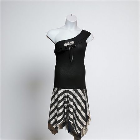 Black and White Gothic Dress with Skull Lace, UK 14/16, Asymmetric Hem