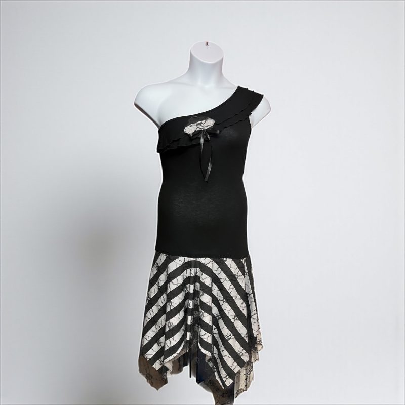 Black and White Gothic Dress with Skull Lace, UK 14/16, Asymmetric Hem