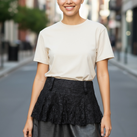 Black Lace and Wet Look Skirt with Peplum Detail, UK 12