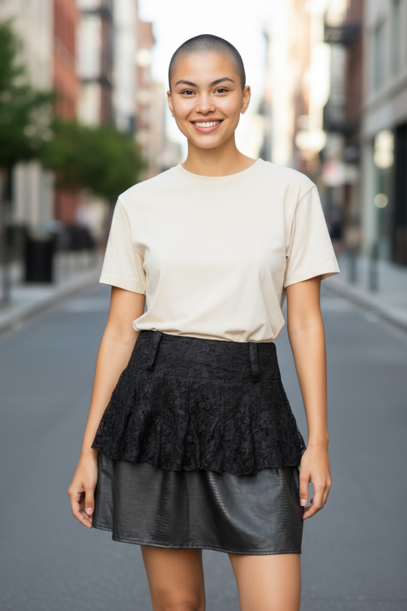 Black Lace and Wet Look Skirt with Peplum Detail, UK 12