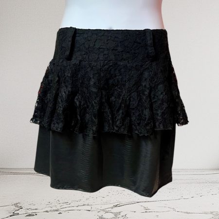 Black Lace and Wet Look Skirt with Peplum Detail, UK 12