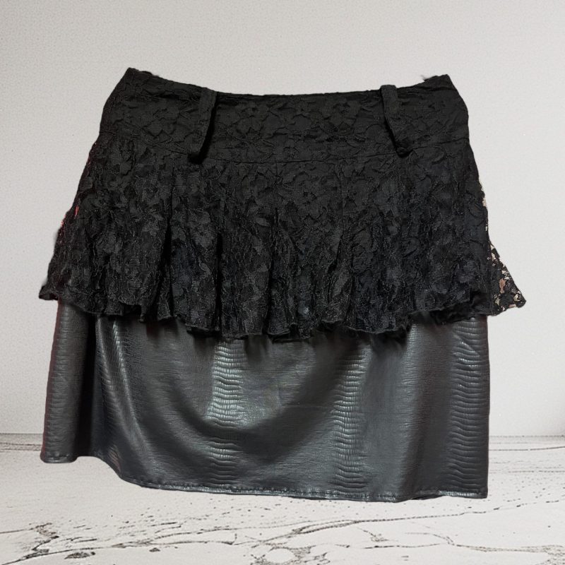 Black Lace and Wet Look Skirt with Peplum Detail, UK 12