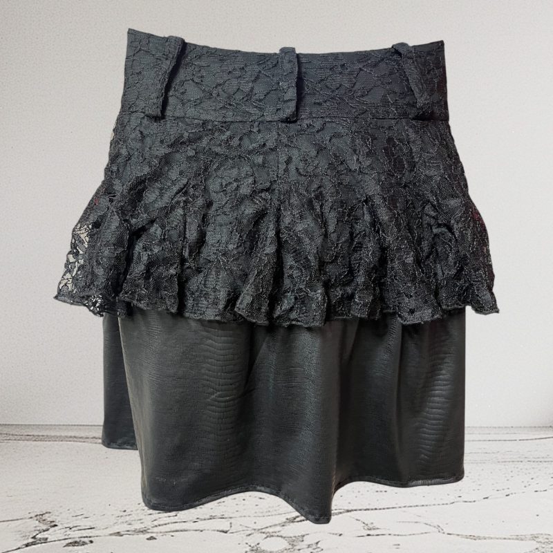 Black Lace and Wet Look Skirt with Peplum Detail, UK 12
