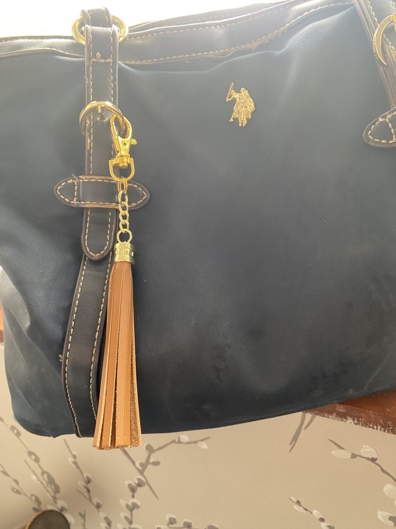 Bag Charm/ tassel Italian tan leather topper with gold topper