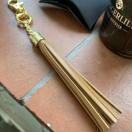 Bag Charm/ tassel Italian tan leather topper with gold topper