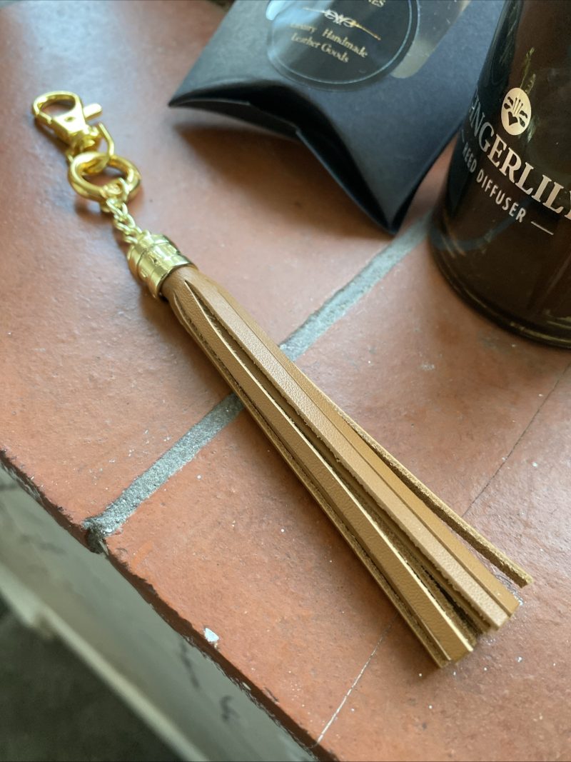 Bag Charm/ tassel Italian tan leather topper with gold topper