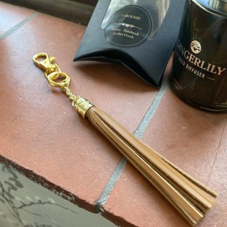 Bag Charm/ tassel Italian tan leather topper with gold topper