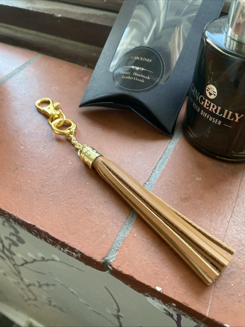 Bag Charm/ tassel Italian tan leather topper with gold topper