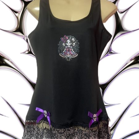 Handmade Gothic Creepy Doll Ladies' Tank Top with Lace and Skulls, Size M
