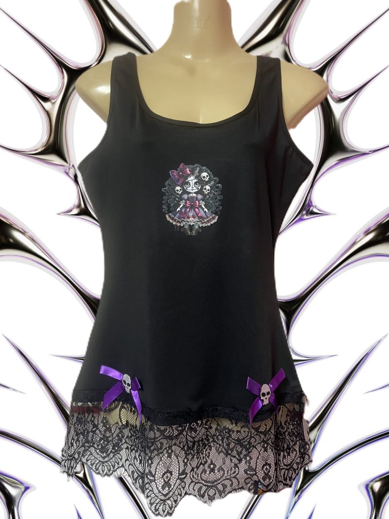 Handmade Gothic Creepy Doll Ladies' Tank Top with Lace and Skulls, Size M