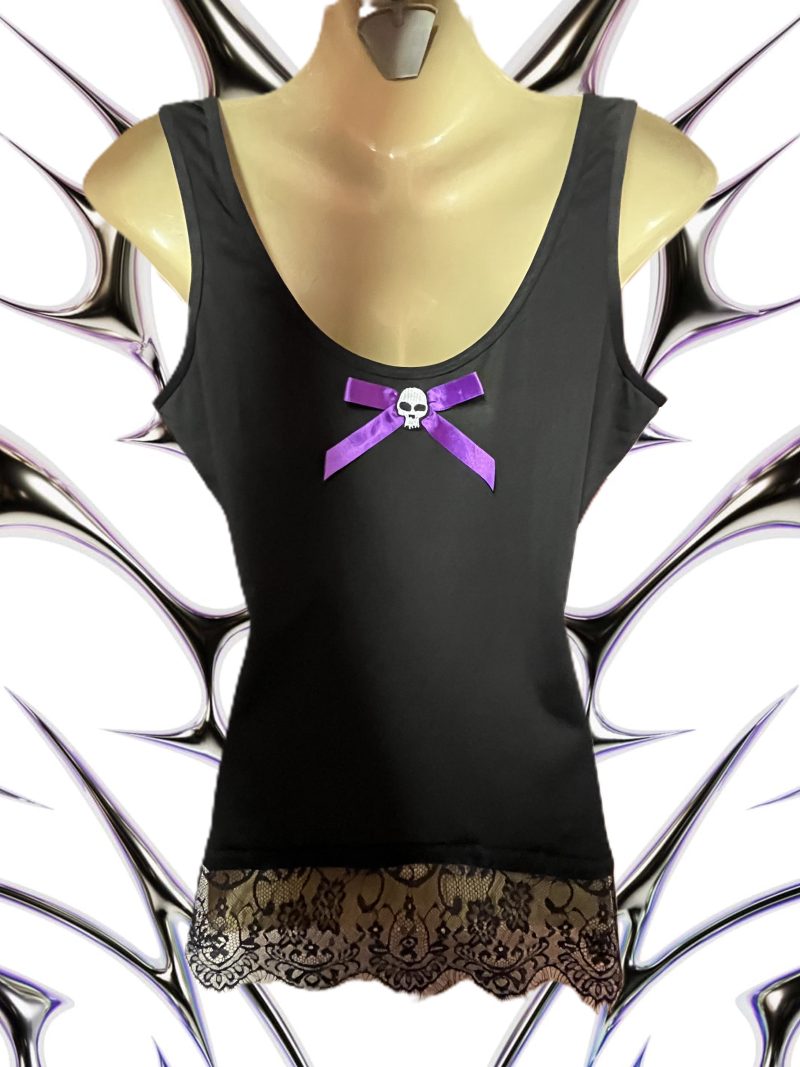 Handmade Gothic Creepy Doll Ladies' Tank Top with Lace and Skulls, Size M