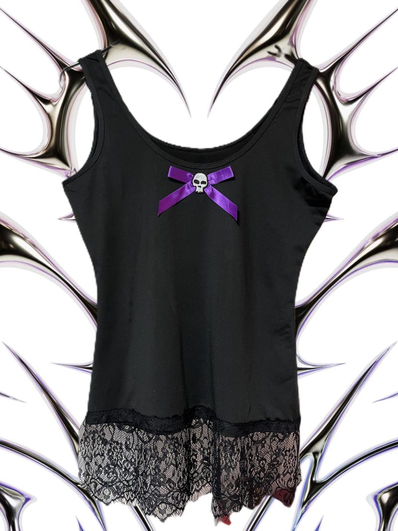 Handmade Gothic Creepy Doll Ladies' Tank Top with Lace and Skulls, Size M