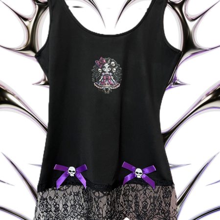 Handmade Gothic Creepy Doll Ladies' Tank Top with Lace and Skulls, Size M