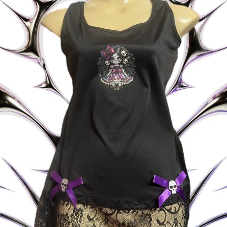 Handmade Gothic Creepy Doll Ladies' Tank Top with Lace and Skulls, Size M