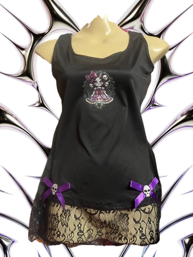 Handmade Gothic Creepy Doll Ladies' Tank Top with Lace and Skulls, Size M