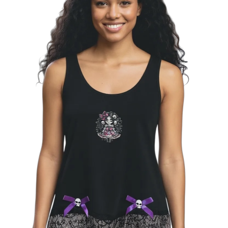 Handmade Gothic Creepy Doll Ladies' Tank Top with Lace and Skulls, Size M
