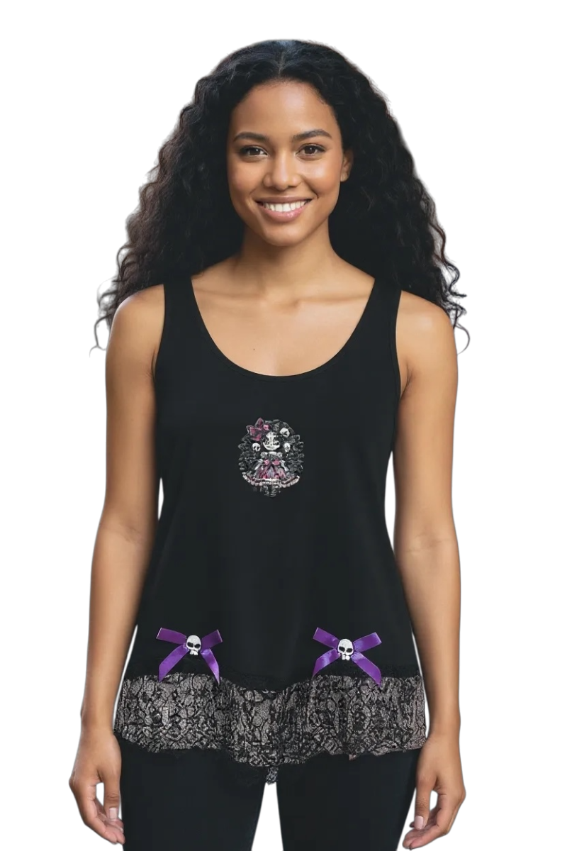 Handmade Gothic Creepy Doll Ladies' Tank Top with Lace and Skulls, Size M