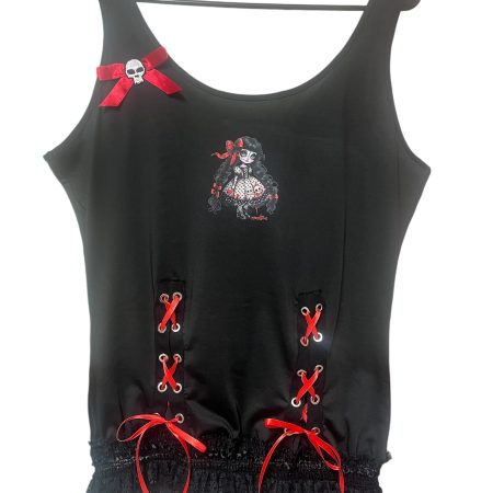 Handmade Gothic Creepy Doll Tank Top with Lace and Skull Bow, XL UK 16