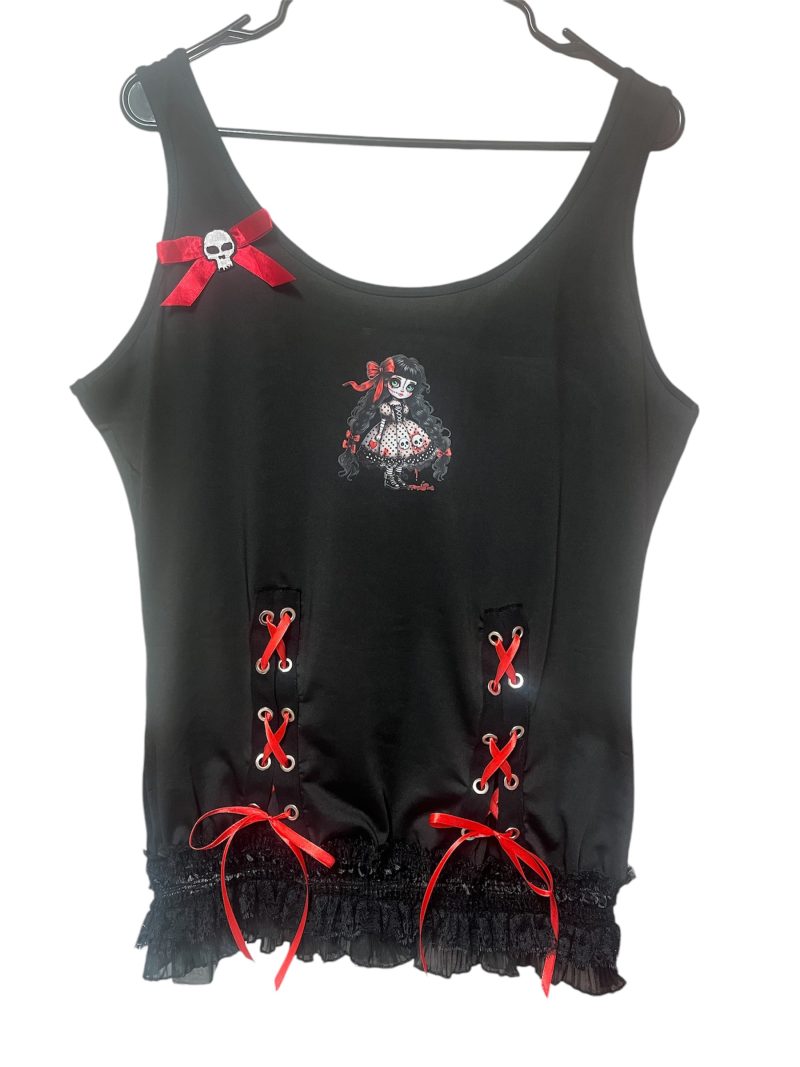Handmade Gothic Creepy Doll Tank Top with Lace and Skull Bow, XL UK 16