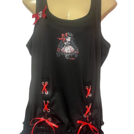 Handmade Gothic Creepy Doll Tank Top with Lace and Skull Bow, XL UK 16