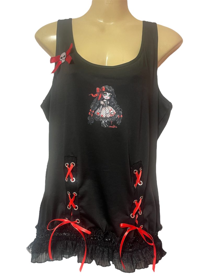 Handmade Gothic Creepy Doll Tank Top with Lace and Skull Bow, XL UK 16